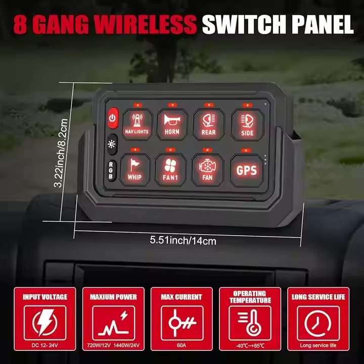 12volt 8 Gang Wireless Remote Control RGB Color LED Switch Panel Universal for 4X4 Excavator Offroad Cars Boats Bus