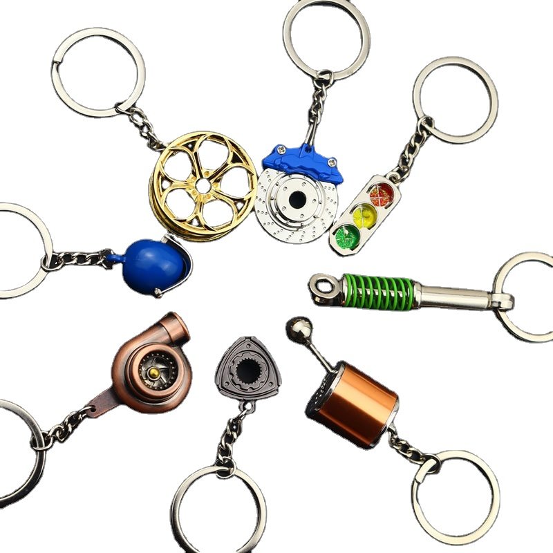 Custom 3D Mini Car Parts Set Rotating Turbo Motorcycle Helmet Tire Brake Style Red Bus Metal Keychain