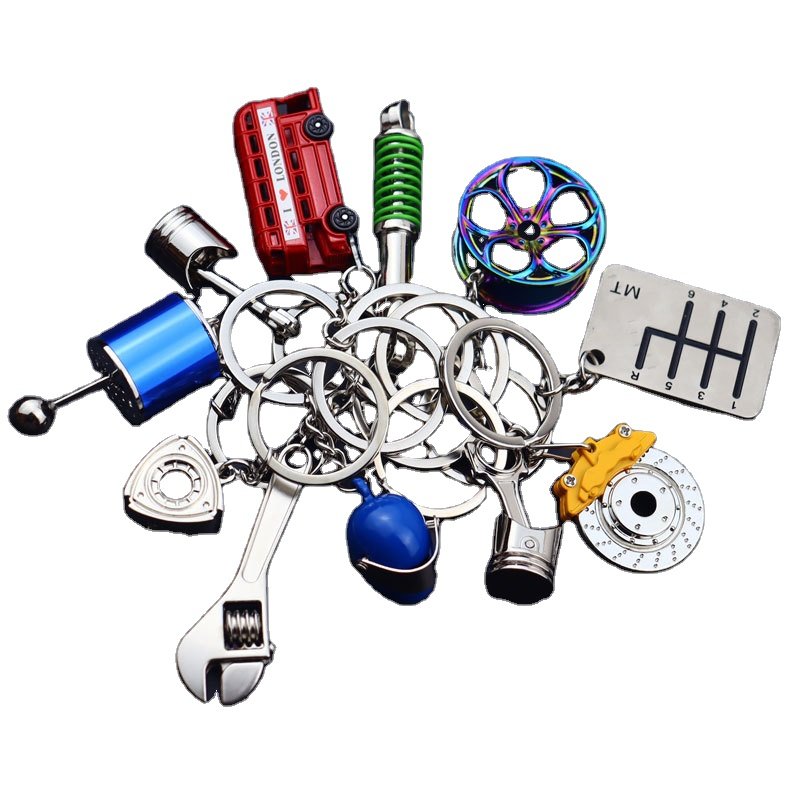 Custom 3D Mini Car Parts Set Rotating Turbo Motorcycle Helmet Tire Brake Style Red Bus Metal Keychain