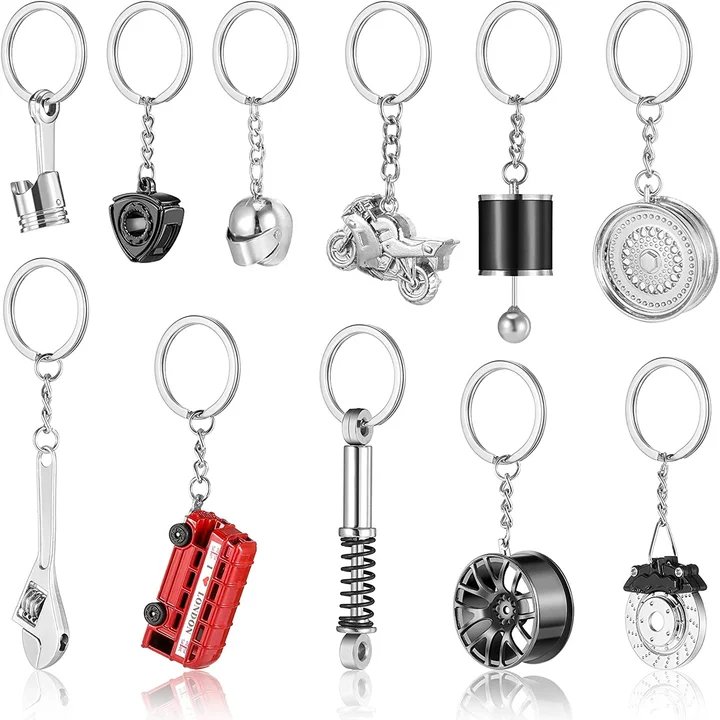 Custom 3D Mini Car Parts Set Rotating Turbo Motorcycle Helmet Tire Brake Style Red Bus Metal Keychain