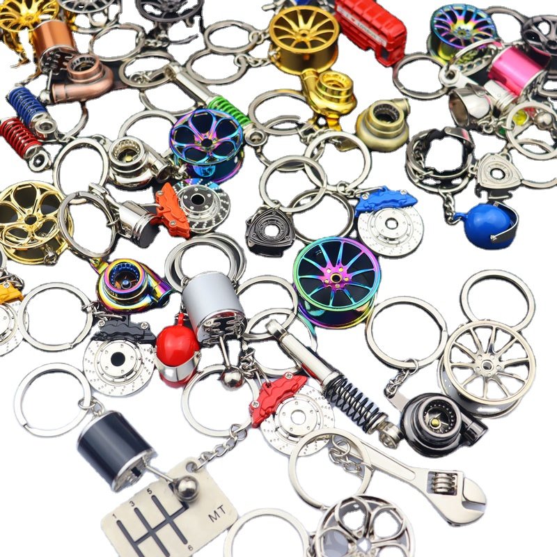 Custom 3D Mini Car Parts Set Rotating Turbo Motorcycle Helmet Tire Brake Style Red Bus Metal Keychain