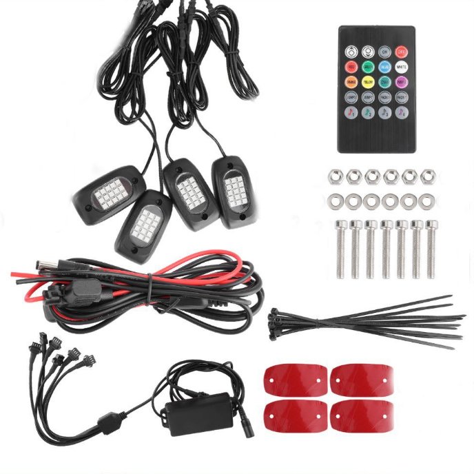 Wireless Control 60W 4 Pods RGB LED Rock Lights Truck Under Body Glow Neon Led Light Pod for Jeep Off-Road ATV SUV Motorcycle
