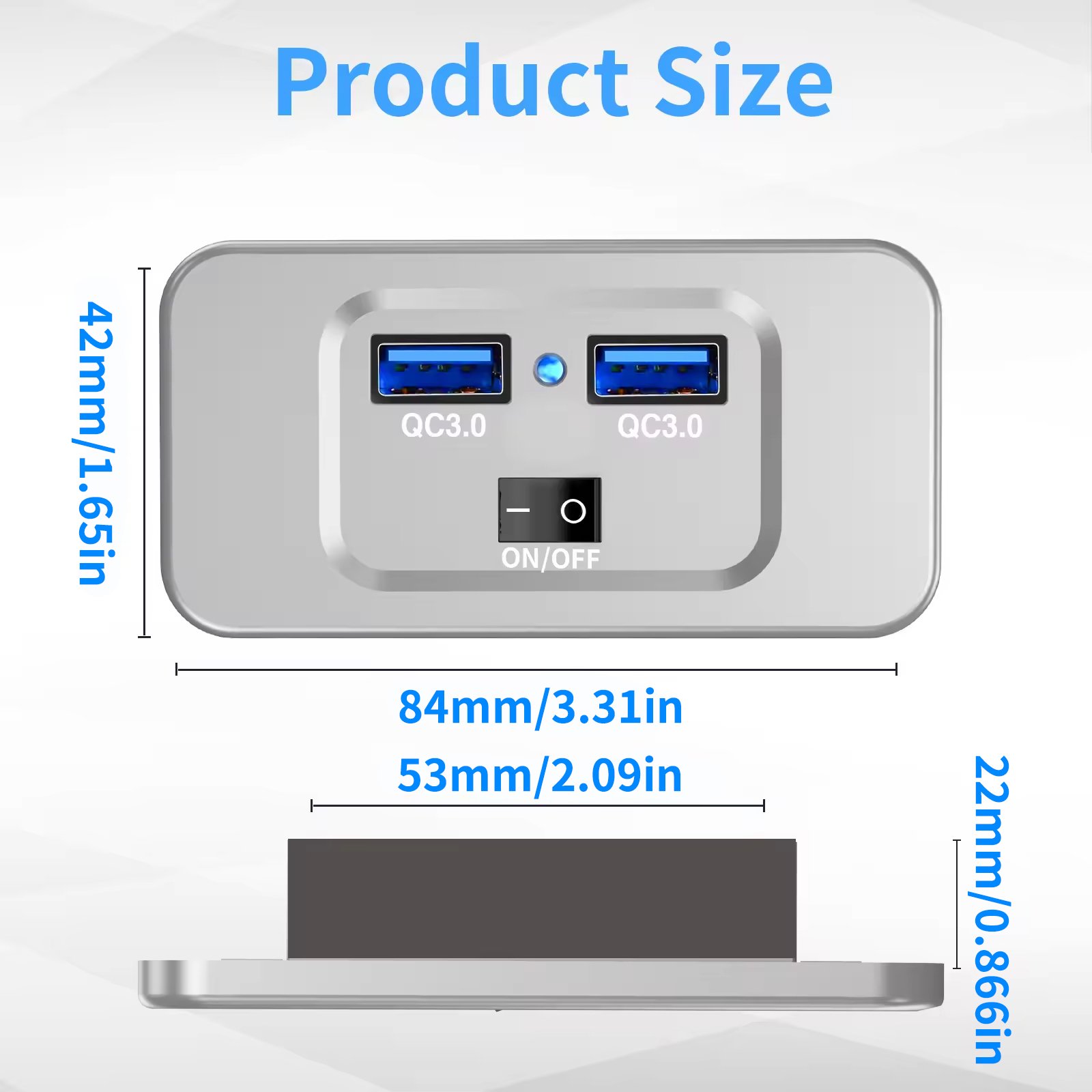 Silver 36W QC3.0 Dual USB Port Car Charger RV Outlet Power Switch Mount Cars Bus Boat Made PC 12-24V Voltage Adapter USB Socket