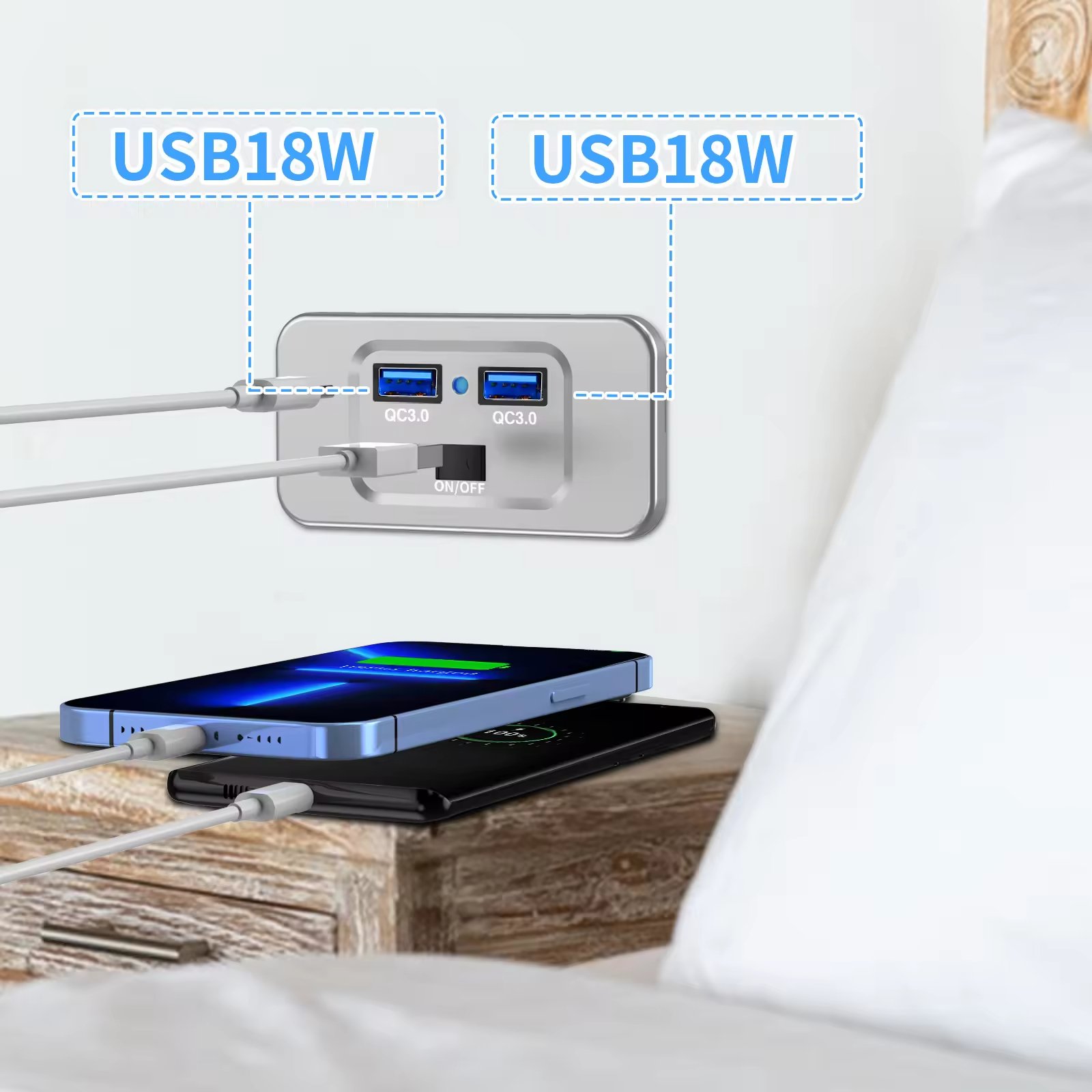 Silver 36W QC3.0 Dual USB Port Car Charger RV Outlet Power Switch Mount Cars Bus Boat Made PC 12-24V Voltage Adapter USB Socket