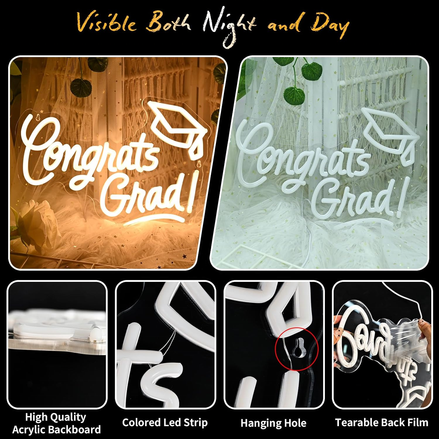 Neon Sign Warm White Congrats Grad Light up Neon Light Sign Custom Neon Led with Graduation Cap for Wall Decor