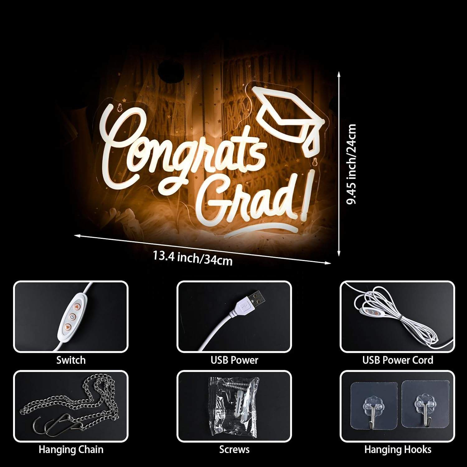 Neon Sign Warm White Congrats Grad Light up Neon Light Sign Custom Neon Led with Graduation Cap for Wall Decor