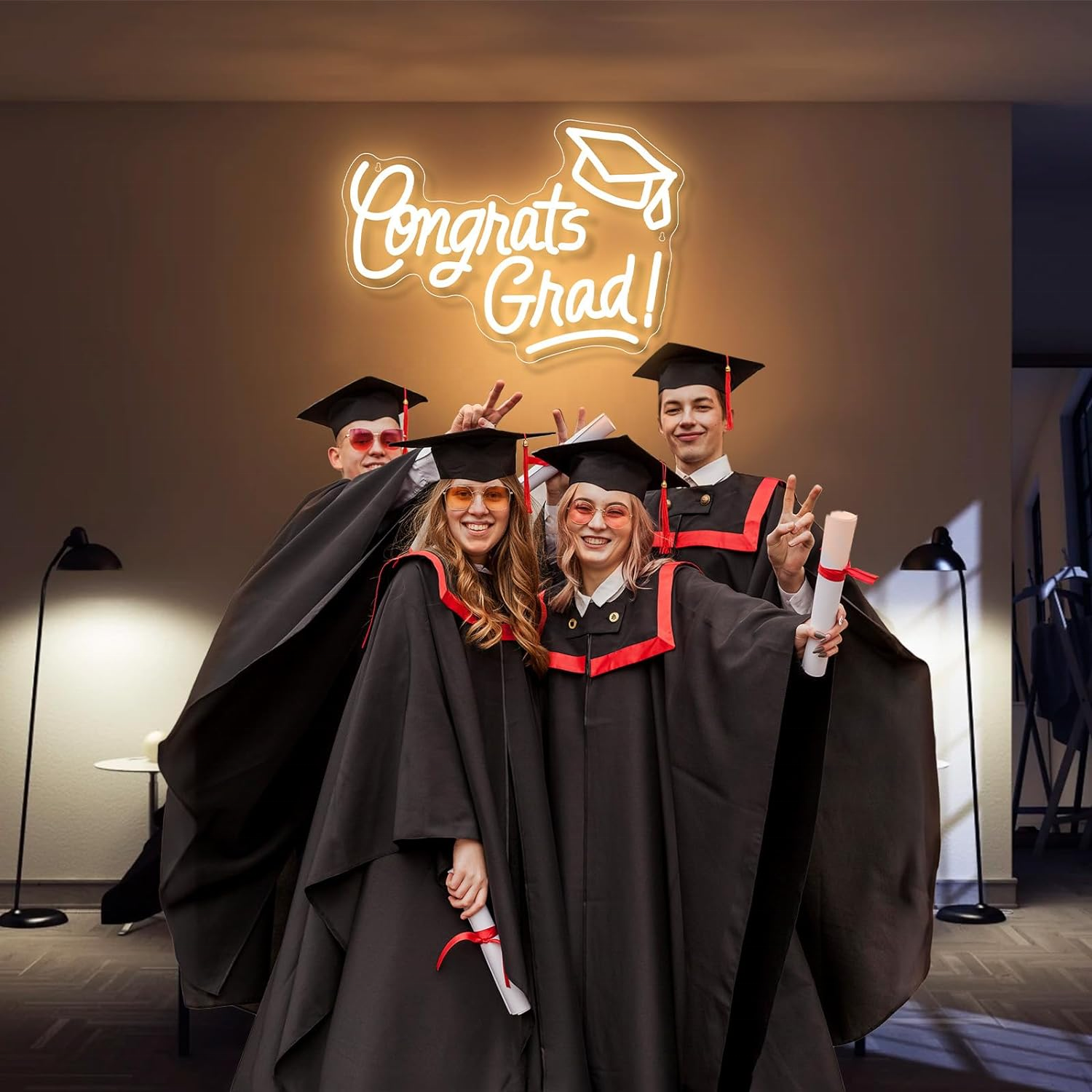 Neon Sign Warm White Congrats Grad Light up Neon Light Sign Custom Neon Led with Graduation Cap for Wall Decor