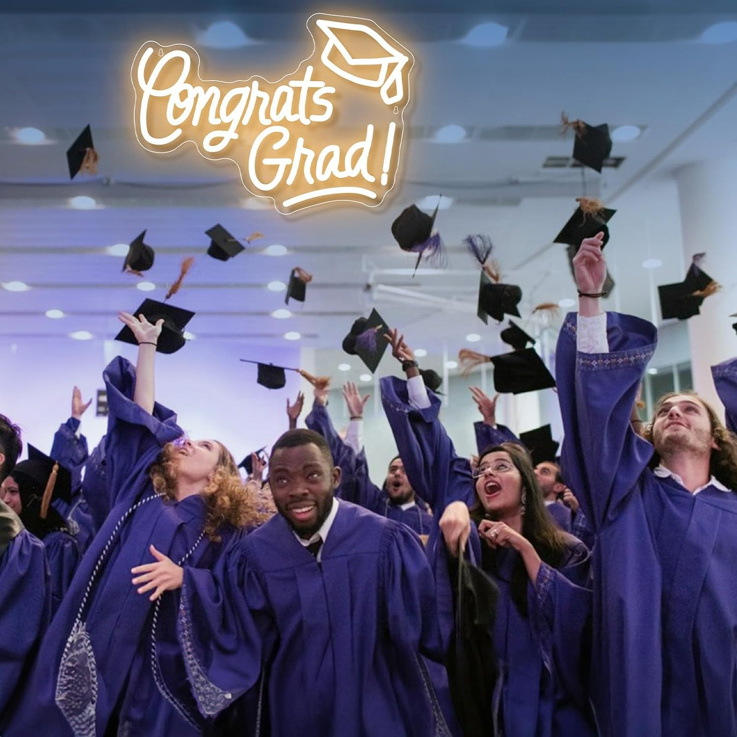Neon Sign Warm White Congrats Grad Light up Neon Light Sign Custom Neon Led with Graduation Cap for Wall Decor