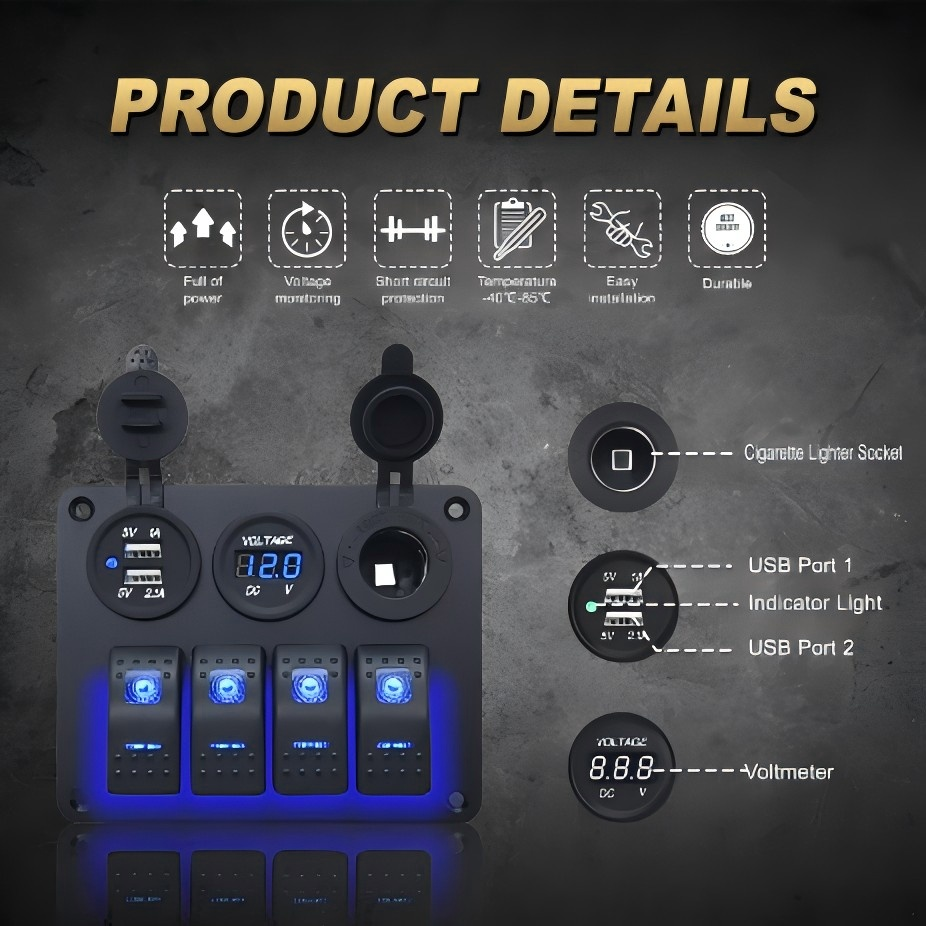 4 Buttons Rocker Switch Panel Voltmeter USB Chargers 12V 24V Accessories for Boat Marine Car RV Camper Caravans