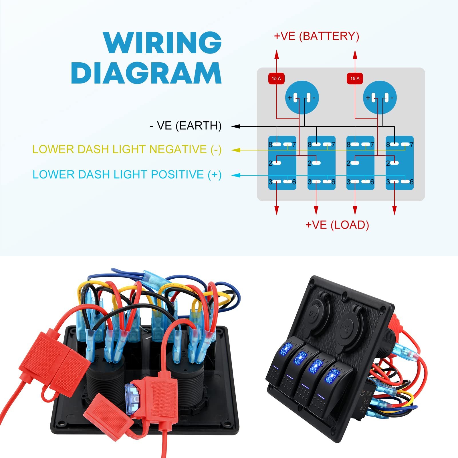 4 Gang Marine LED Rocker Switch Panel 12V Waterproof Car QC3.0 USB Port Boat Navigation Light Instrument Control Panel Switch