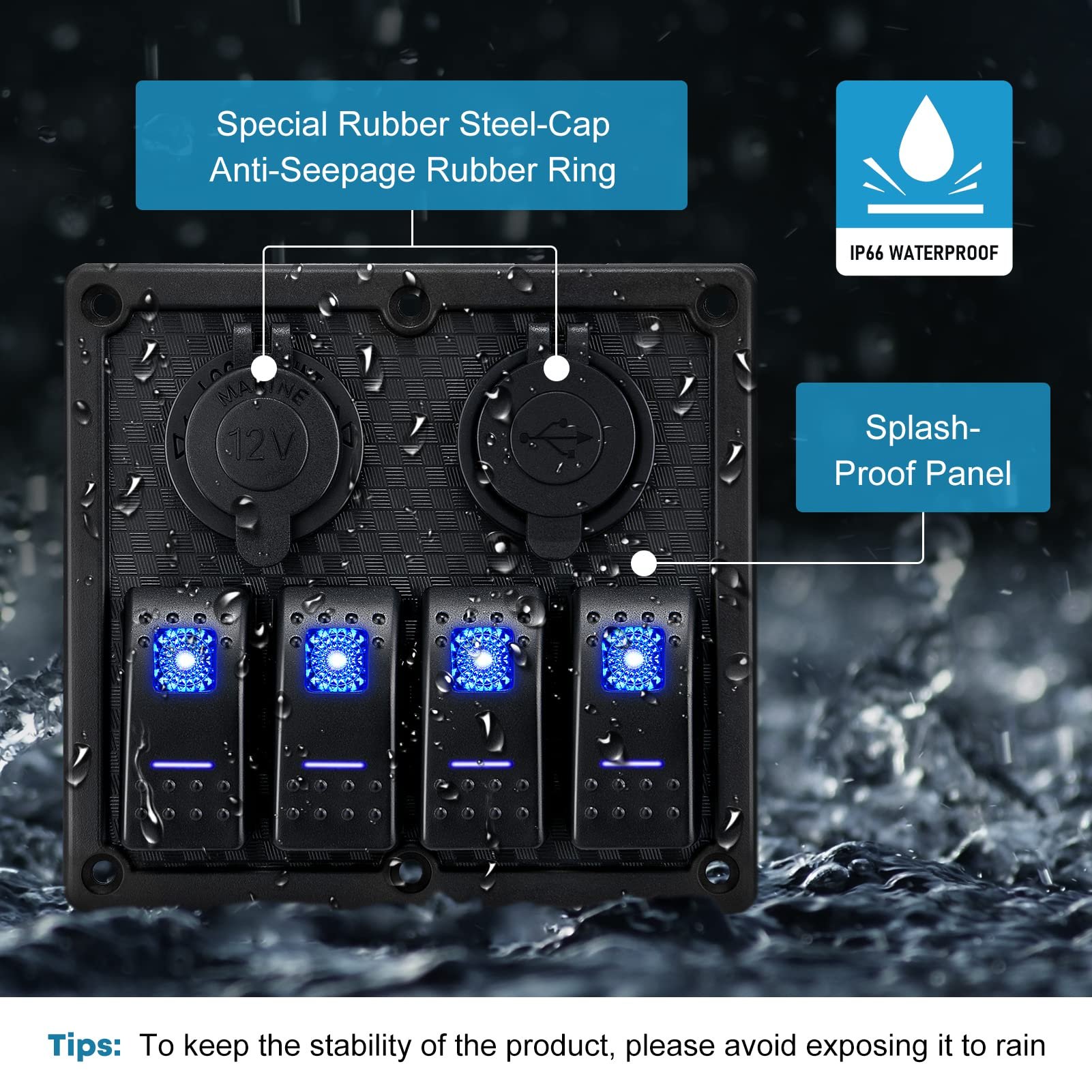 4 Gang Marine LED Rocker Switch Panel 12V Waterproof Car QC3.0 USB Port Boat Navigation Light Instrument Control Panel Switch