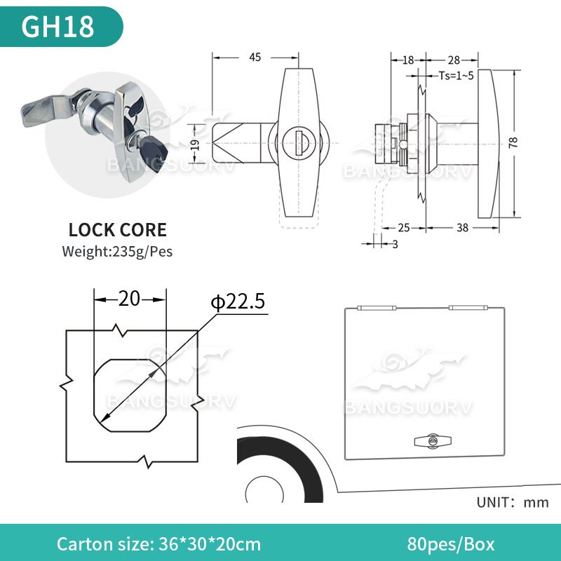 BSS422-1-2 Garage Door Lock Kit T Handle Latch With Keys for Rv caravan / Lock /Door Lock