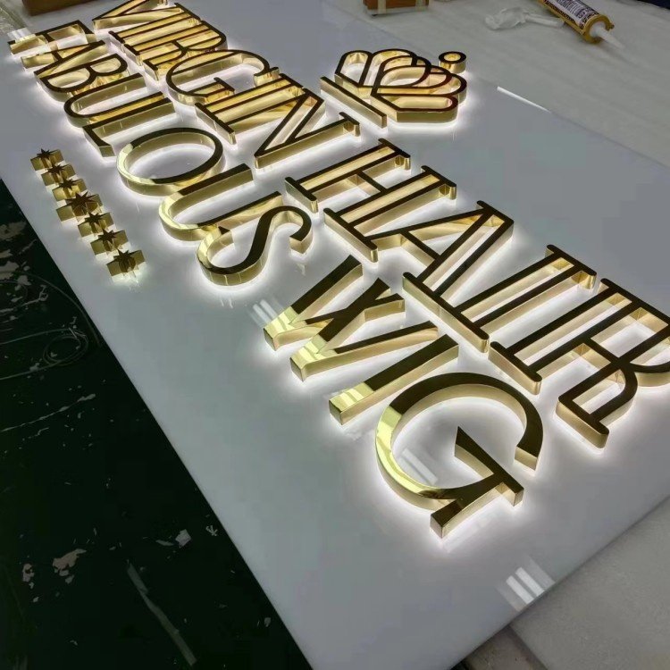 Custom Signs Metal Led Channel Letter Sign Indoor Business Light Logo Gold 3D Back Light Sign