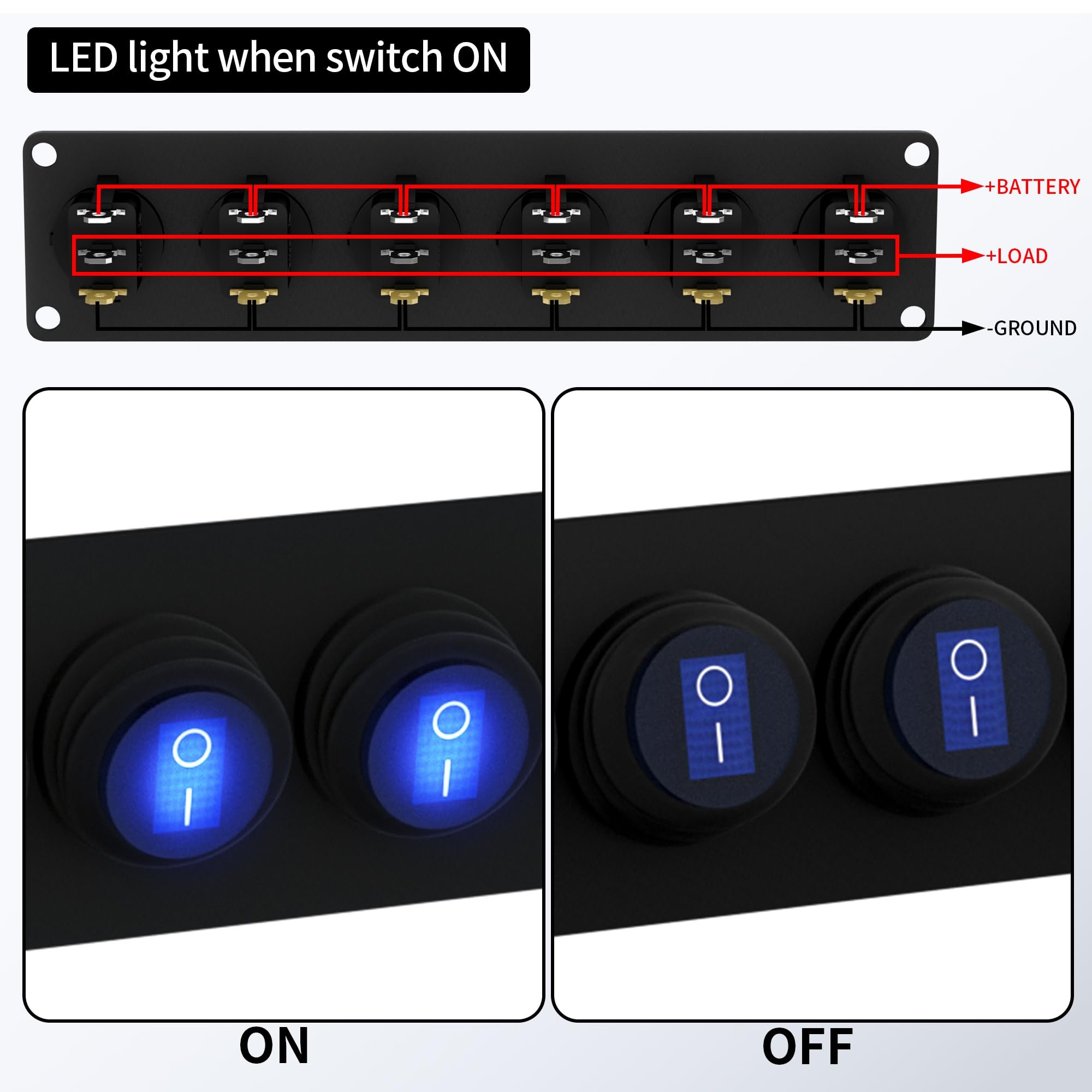 6 Gang Rocker Switch Panel Boat 12V Car Marine Round Rocker Switch 3 Pin SPST LED Lighted Toggle Switch on OFF PN-R6-101NW