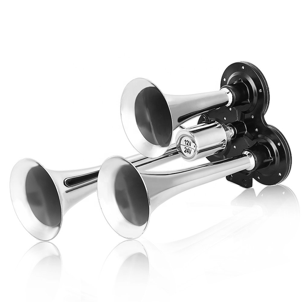 New 12/24v 135db Super Loud Chrome No Rust Triple Trumpet Air Horn Boat Bus Truck Lorry Train Motorcycle Car Horn