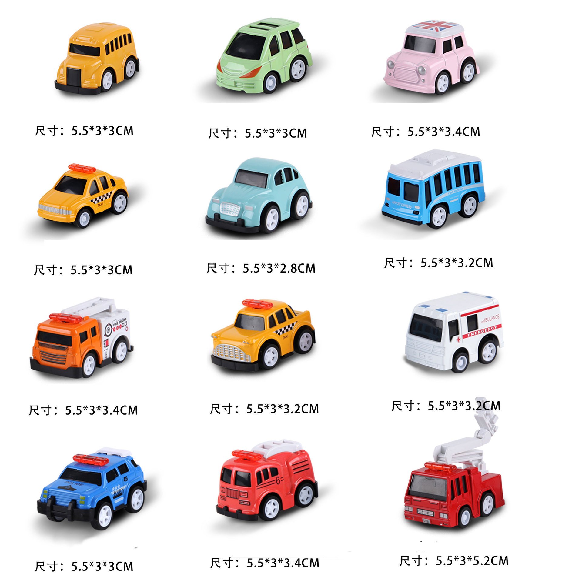 IN STOCK 24 Styles 1:64 Cheap Cute Mini Bus Police Car Taxi Ambulance Fire Truck Pullback Small Alloy Metal Car Diecast Car