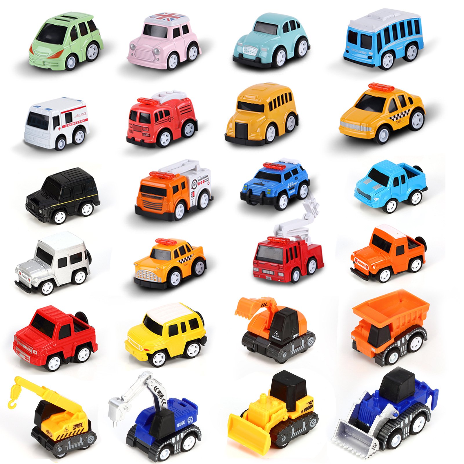 IN STOCK 24 Styles 1:64 Cheap Cute Mini Bus Police Car Taxi Ambulance Fire Truck Pullback Small Alloy Metal Car Diecast Car