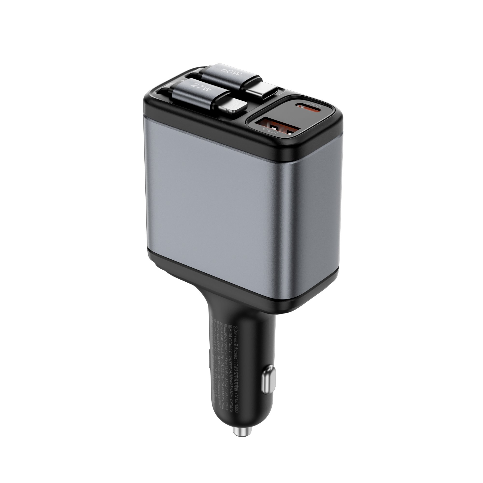 WiWU 4-in-1 USB-C Retractable 117W QC+PD Fast Car Charger Lighter C PD Fast Access Premium Fast Car Charger