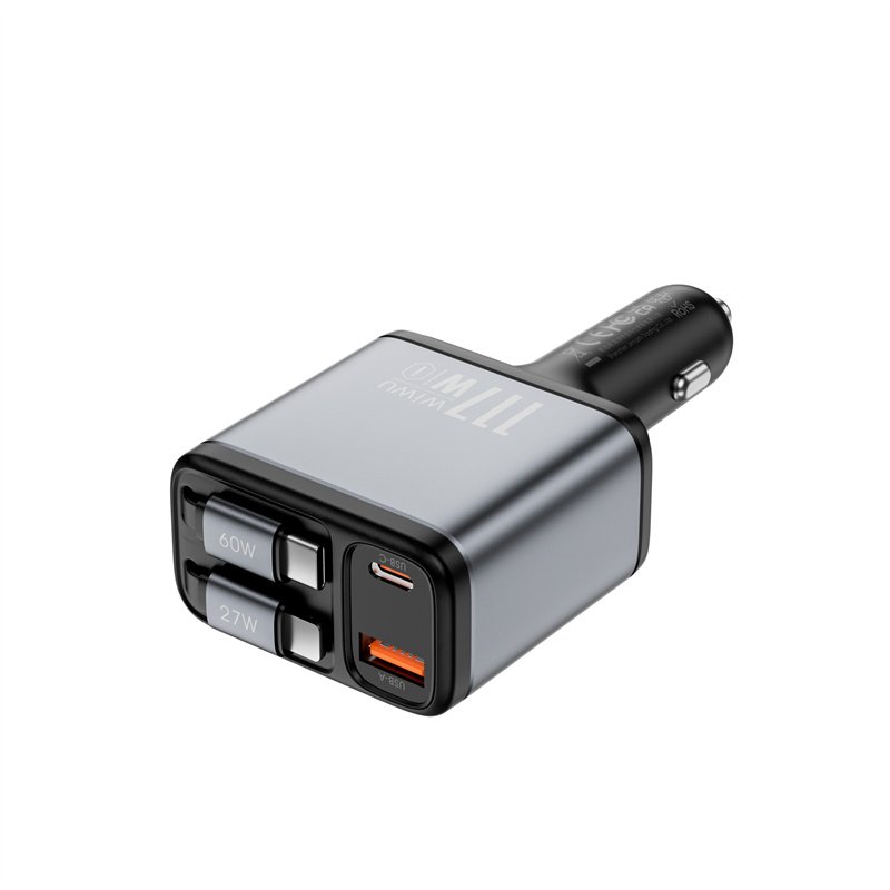 WiWU 4-in-1 USB-C Retractable 117W QC+PD Fast Car Charger Lighter C PD Fast Access Premium Fast Car Charger