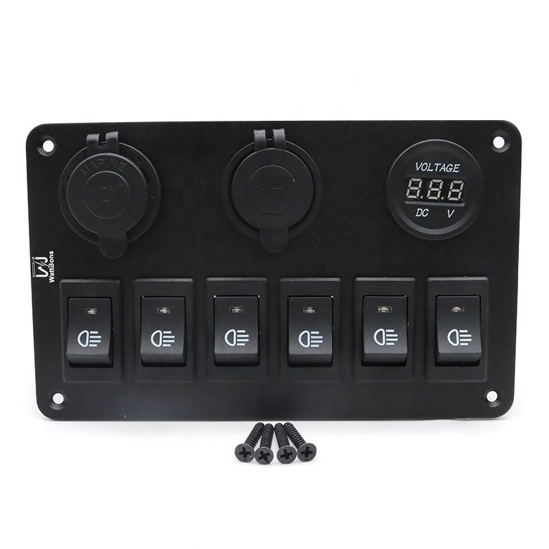 6 Gang Car Light Switch Panel LED 12V 24V Dual USB Port Cigarette Lighter Socket Voltmeter Marine Boat RV Control Switch Panel