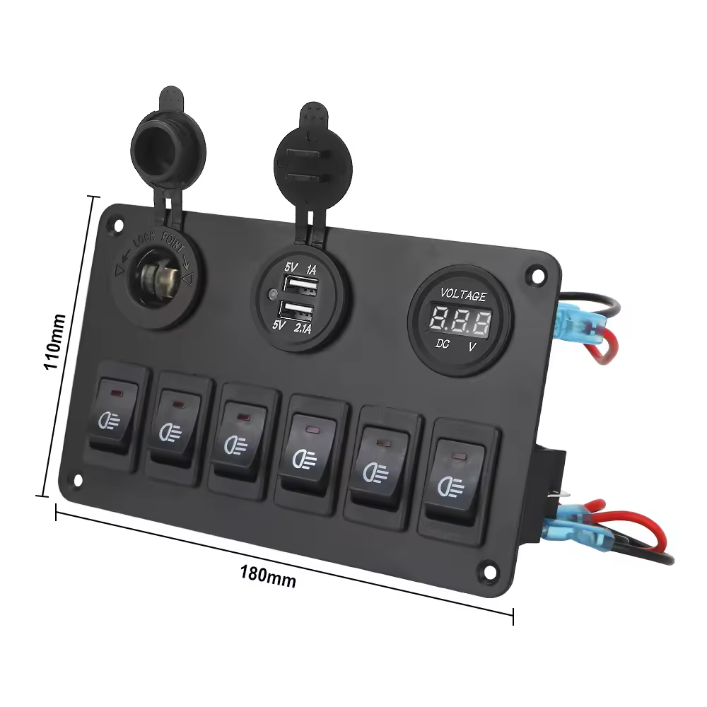 6 Gang Car Light Switch Panel LED 12V 24V Dual USB Port Cigarette Lighter Socket Voltmeter Marine Boat RV Control Switch Panel