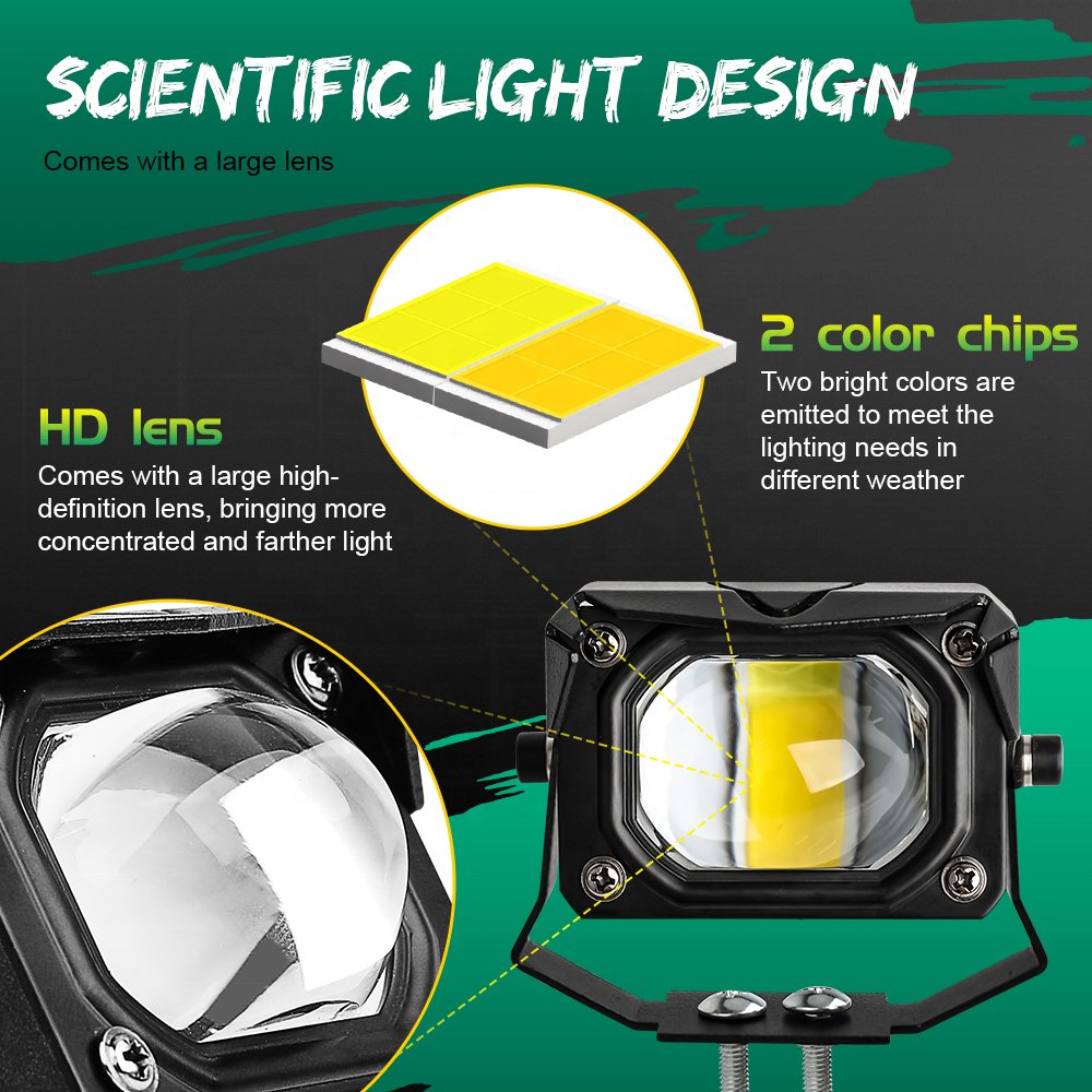 Dual Color Yellow White 3 Inch Bi LED Motorcycle Fog Driving Lights Free Error Canbus Spotlights Projector Lens Led Work Lights