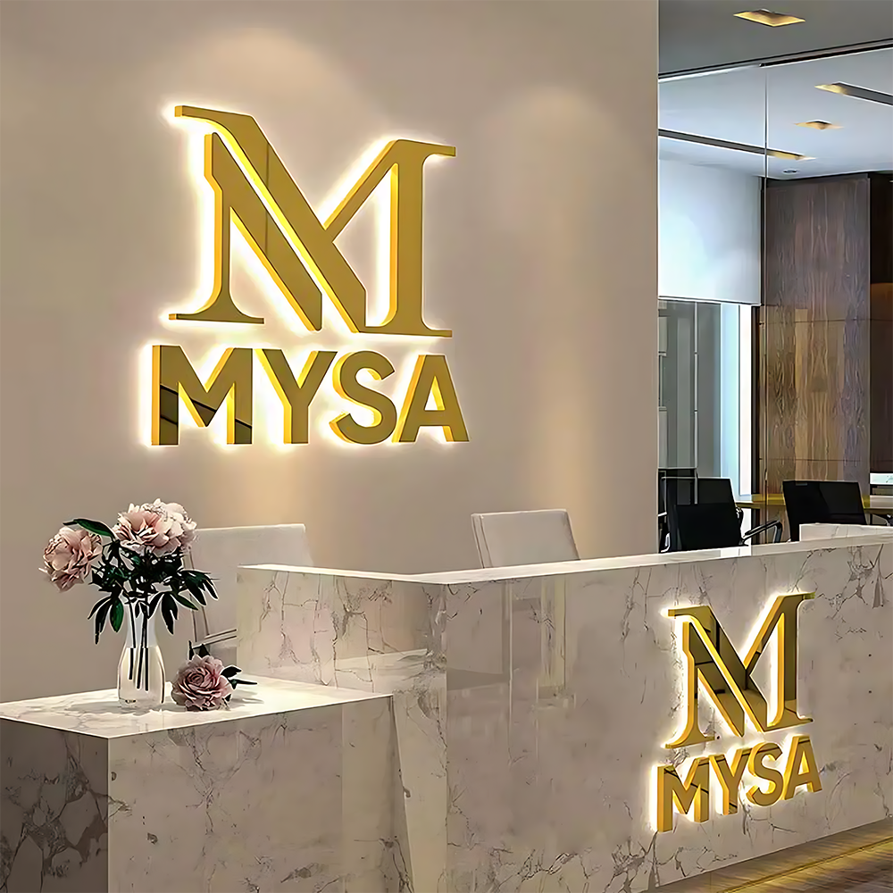 Durable Champagne Gold Metal Logo Letters LED Business Name Signs for Reception Desk