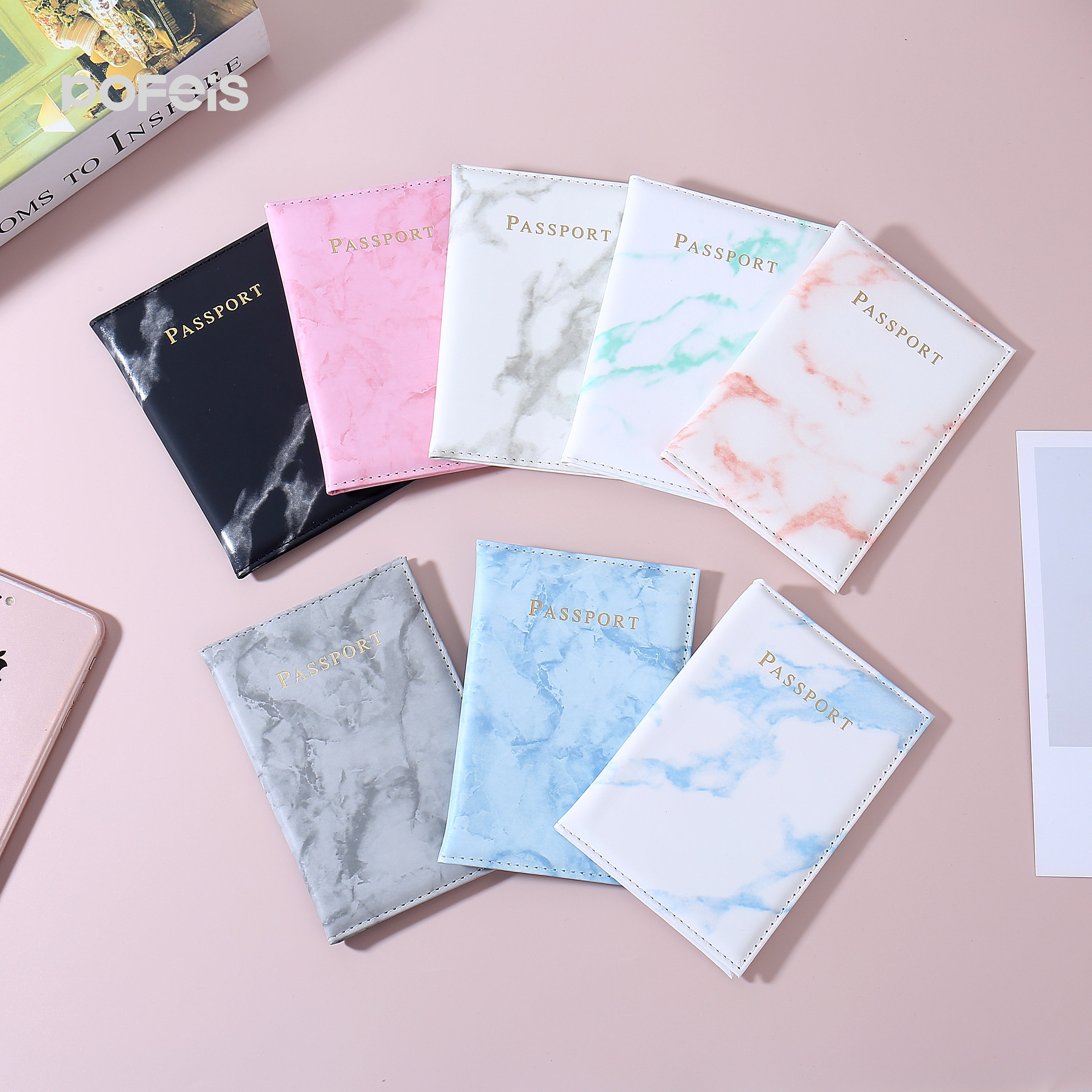 Custom Travel Accessories Marble Passport Book Holder Sky Blue Rose Gold Pvc Leather Passport Holder Cover Pvc Sleeve