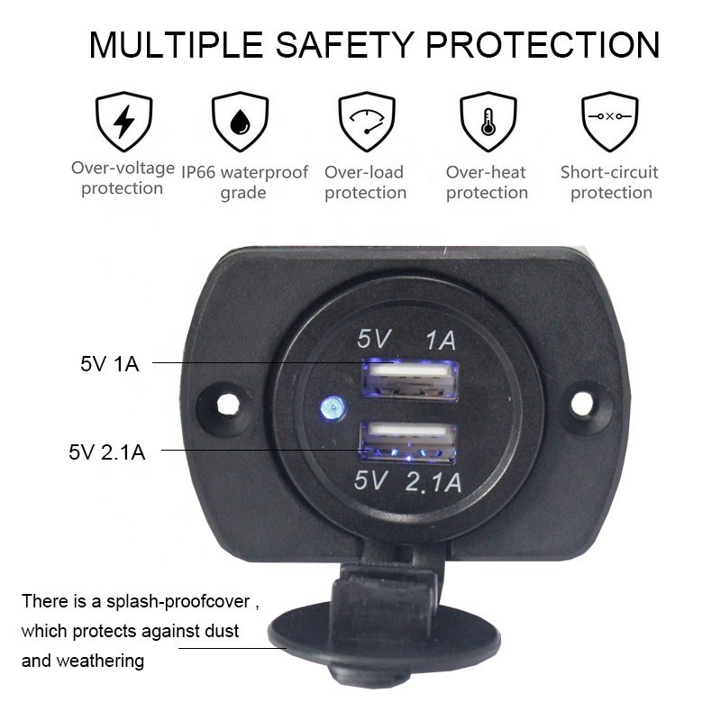 Waterproof DC 12V 24V 3.1A USB Outlet Dual Port Car Charger Cigarette Lighter Socket with Cover Panel for Bus RV Truck Ship