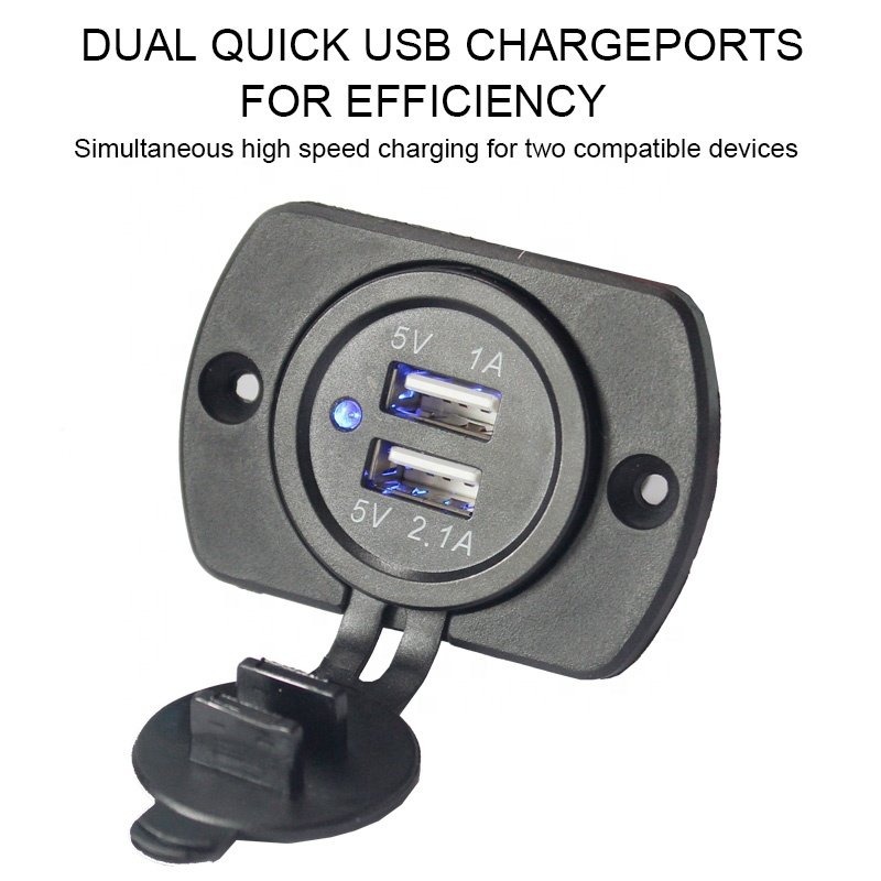 Waterproof DC 12V 24V 3.1A USB Outlet Dual Port Car Charger Cigarette Lighter Socket with Cover Panel for Bus RV Truck Ship