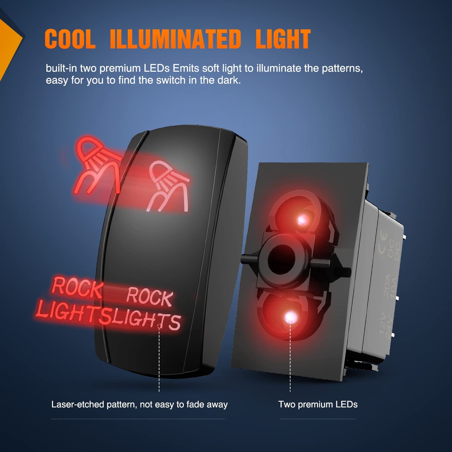 Rock Lights Rocker Switch Red 5 Pin Laser SPST on Off Auto Switch Panel 12V-24V with Jumper for ATV 4x4 Boat Truck RV