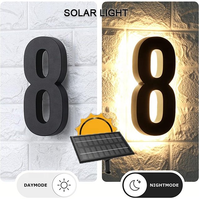 6 Inch Floating Solar House Number Light Outdoor Advertising Waterproof IP65 Metal Black Illuminated Backlight Hotels