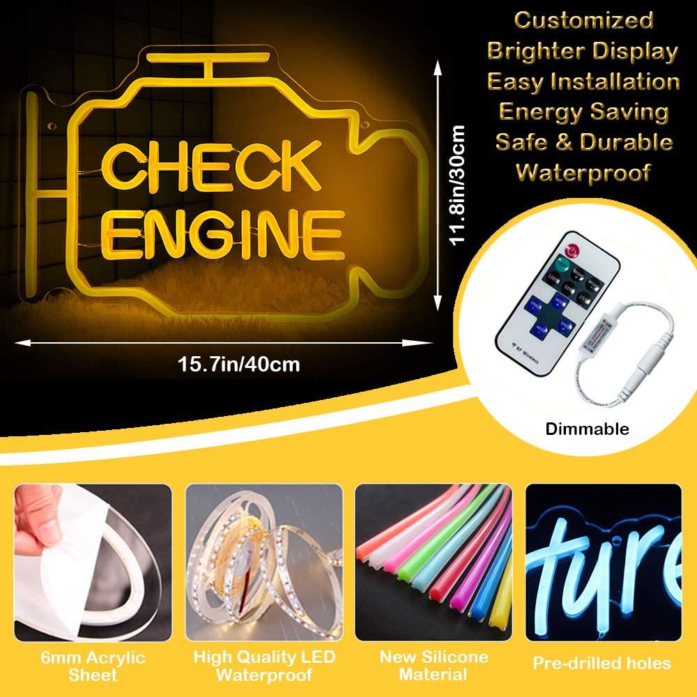 Custom Neon Sign CHECK ENGINE Logo Led Open Acrylic Letter Light for Car Fix Store Cave Auto Repair Shop Workshop Neon Signs