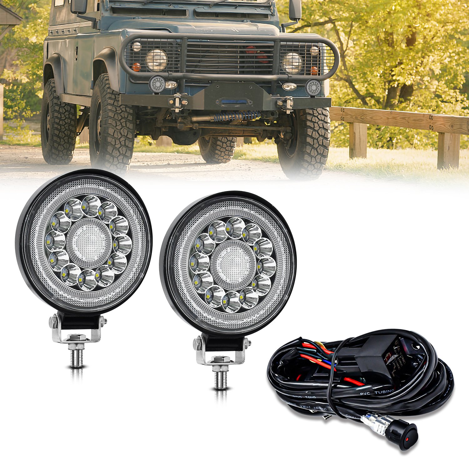 Square Radius 4-inch With or Without Wires with Double Circle Angel Eyes Work Light for Motorcycle and Car