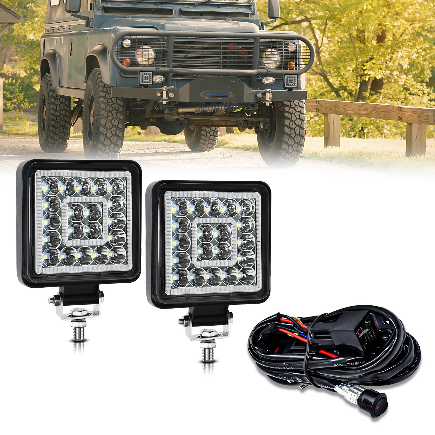 Square Radius 4-inch With or Without Wires with Double Circle Angel Eyes Work Light for Motorcycle and Car