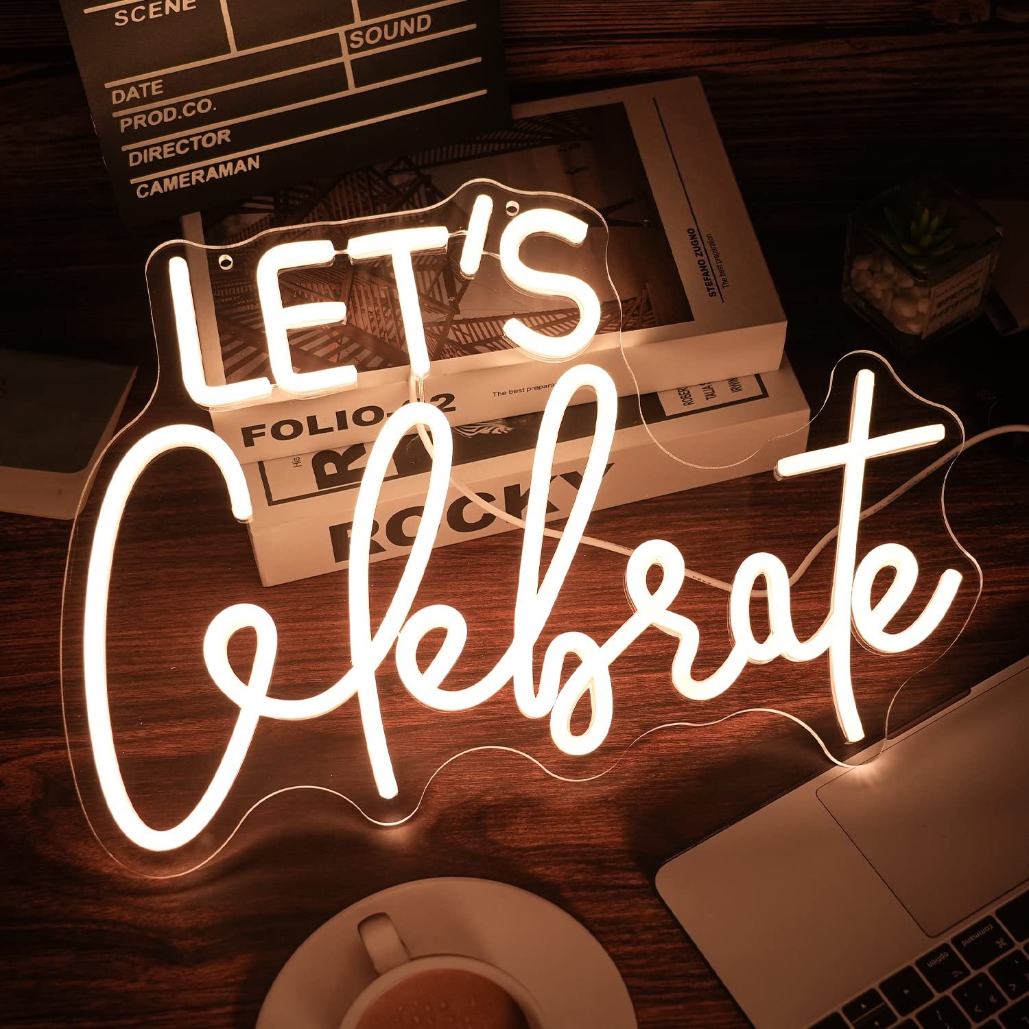 Let's Celebrate Neon Sign Dimmable Warm White Neon Light for Wall Decor Powered by USB Words LED Lights for Bedroom Party