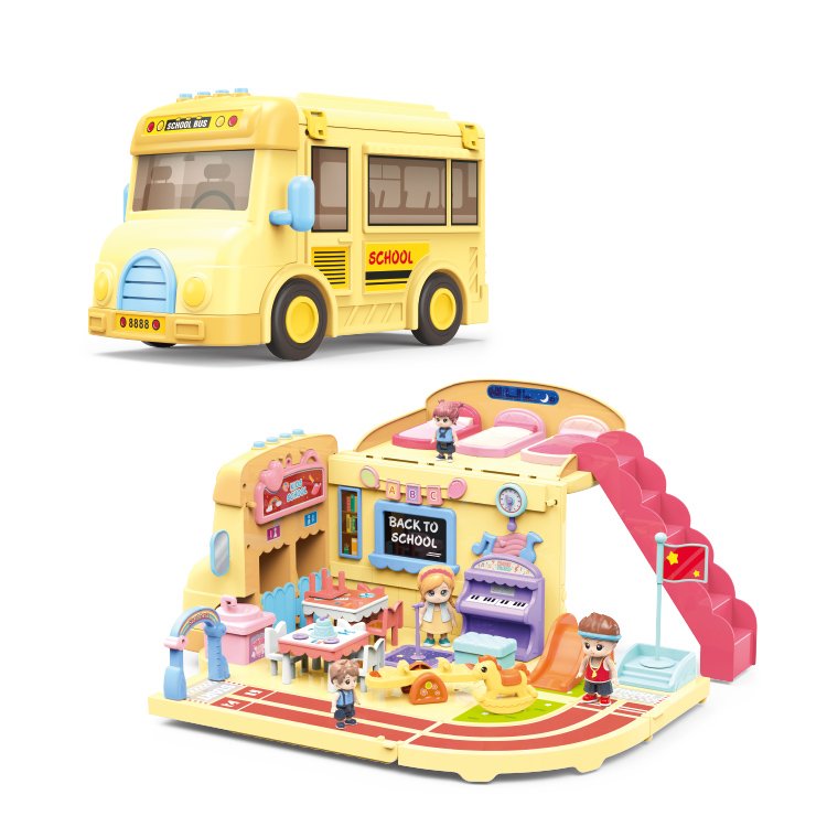 Pretend Play Doll House School Set School Bus Mini Scene Inertia Vehicle with Sound and Music Doll House Toy for Children