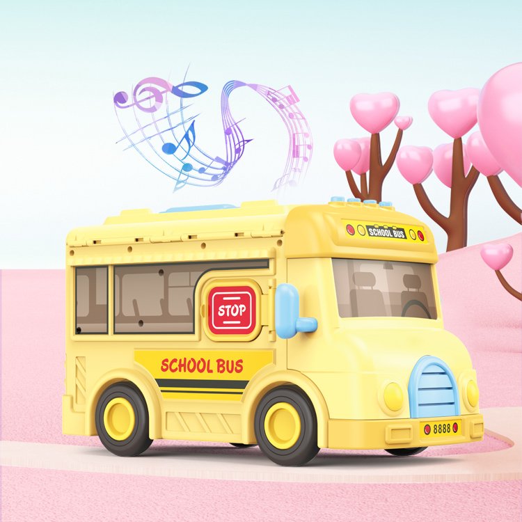 Pretend Play Doll House School Set School Bus Mini Scene Inertia Vehicle with Sound and Music Doll House Toy for Children