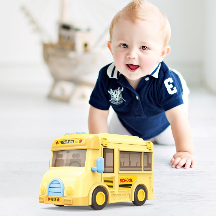 Pretend Play Doll House School Set School Bus Mini Scene Inertia Vehicle with Sound and Music Doll House Toy for Children