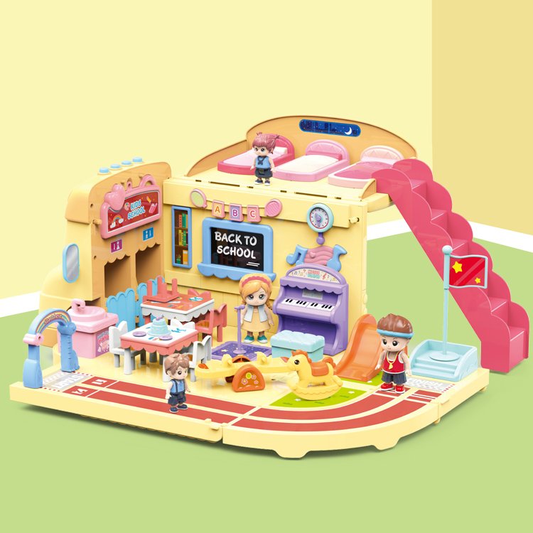 Pretend Play Doll House School Set School Bus Mini Scene Inertia Vehicle with Sound and Music Doll House Toy for Children