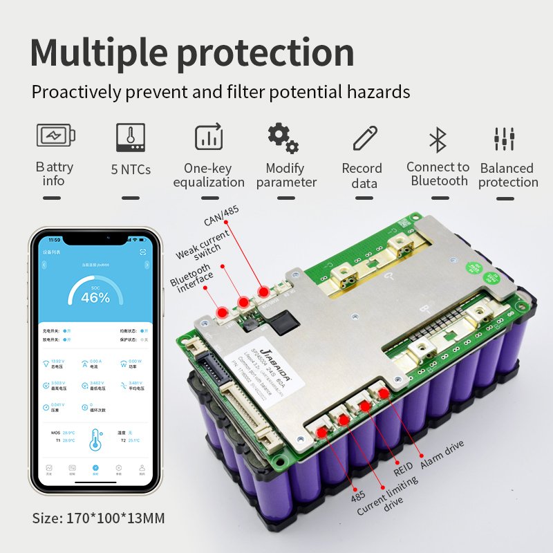 JBD Smart BMS 24V 36V 60V 48V 60V 72V Volt Ion/Lifepo4 40A 60A 100A 150A 200A BMS 16S with UART/RS485/CAN/BUZZER