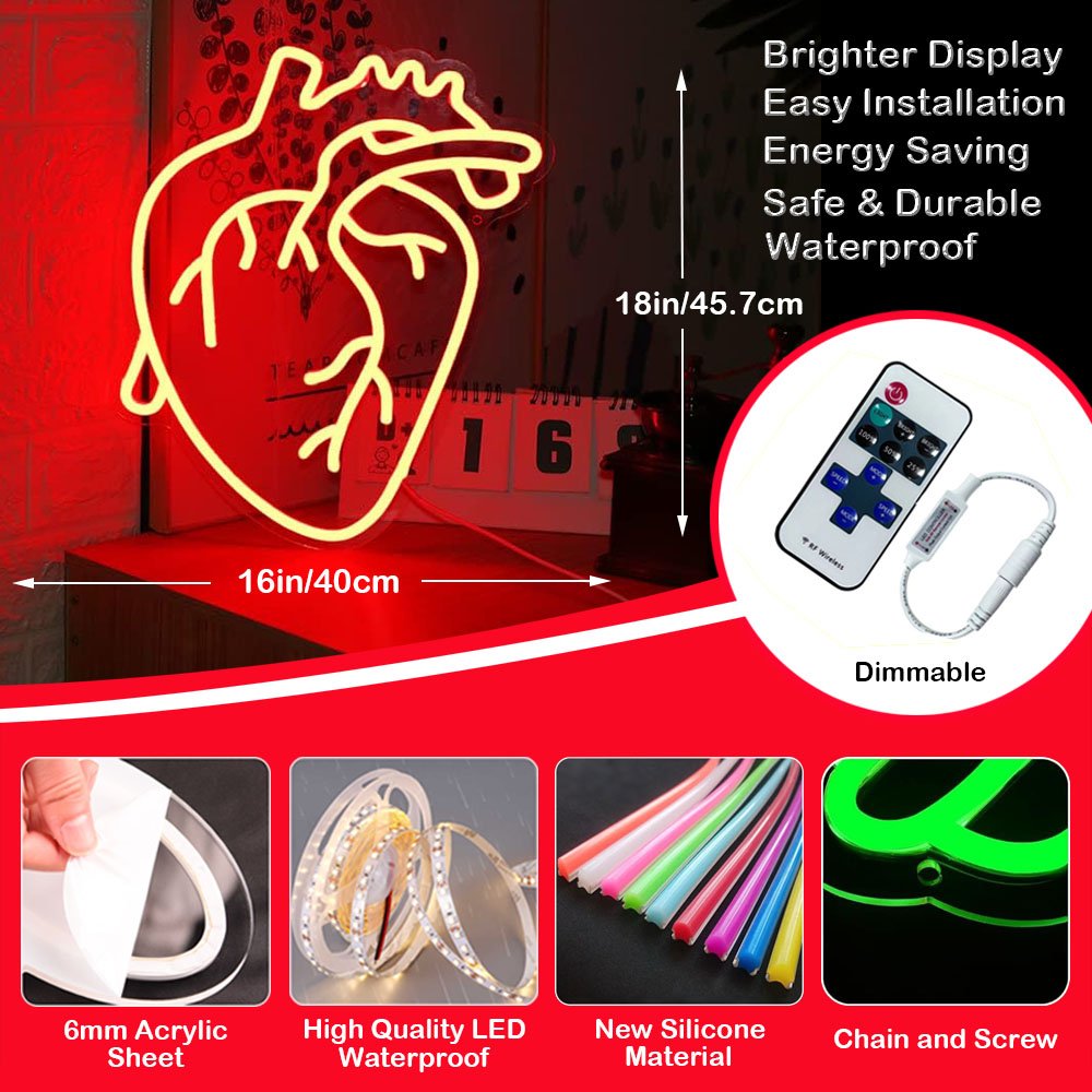 Red Heart Shape Neon Light Battery Operated or USB Powered 3D LED Neon Sign for Party Room Decor