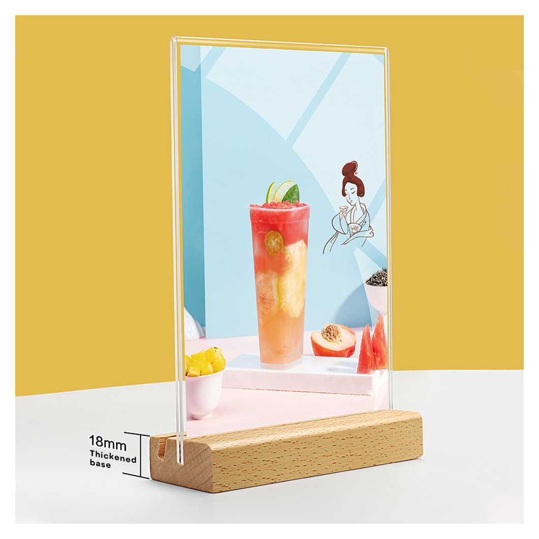 Hot Sale A4 A5 A6 Acrylic Display Sign With Wood Base Vertical Horizontal Blank Acrylic Stand Holder for Store Office