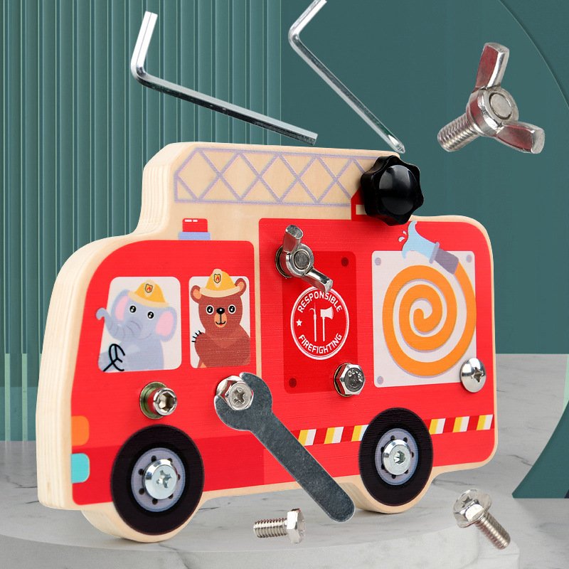 Montessori Material Early Education Bear Fire Engine Busy Bus Board Screw Removal Repair Tools Hand-eye Coordination Wooden Toys