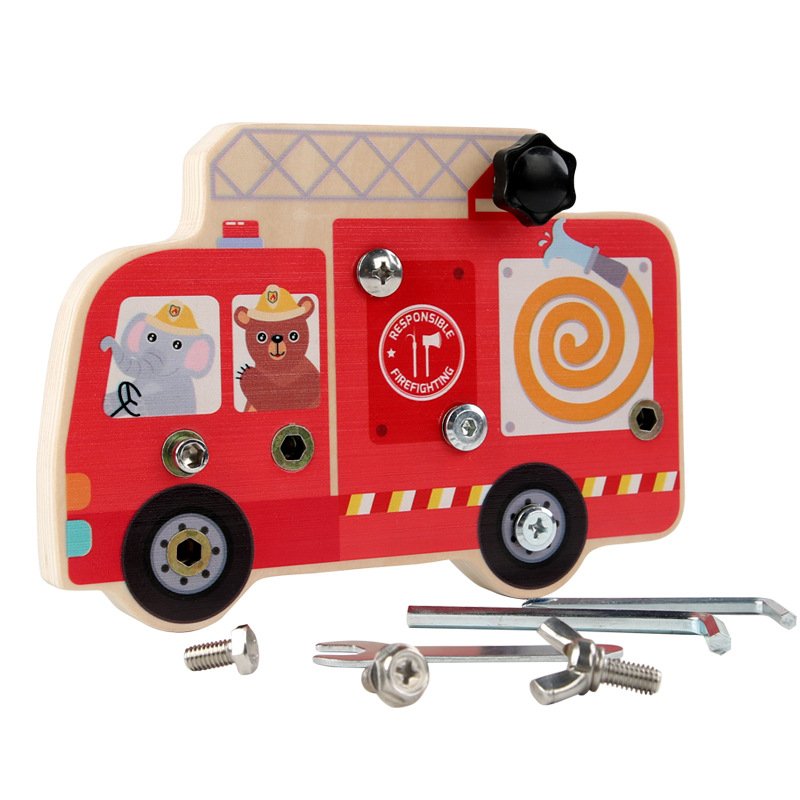 Montessori Material Early Education Bear Fire Engine Busy Bus Board Screw Removal Repair Tools Hand-eye Coordination Wooden Toys
