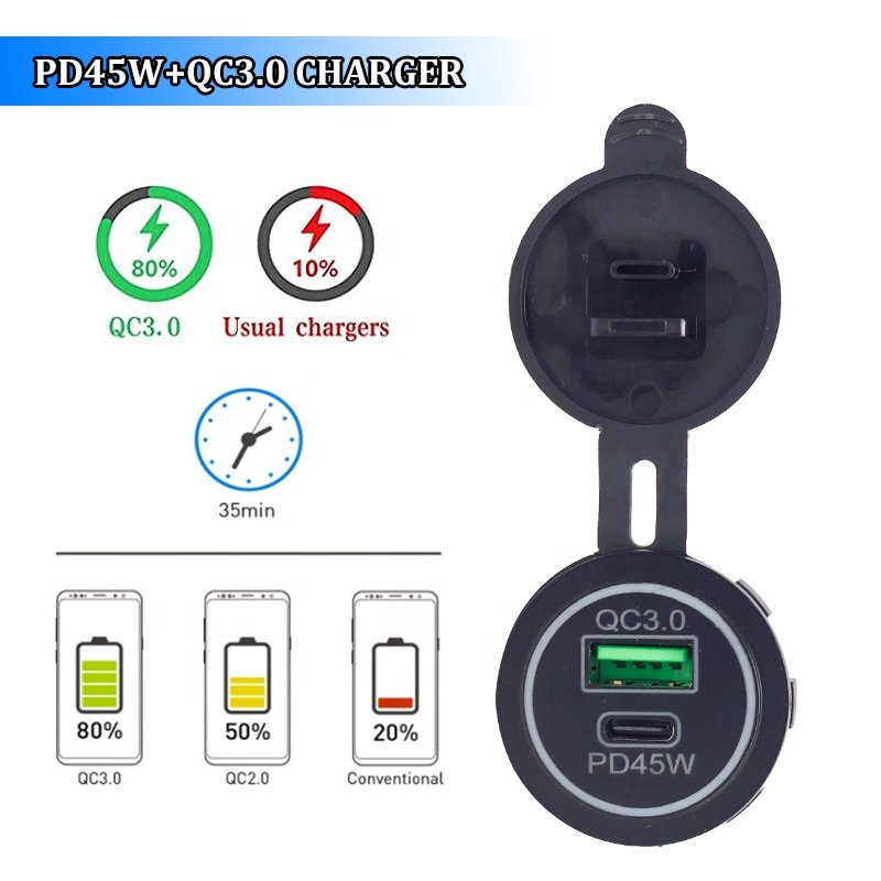 12V 24V Universal Dual Port Bus Car Socket QC3.0 USB Type C 45W PD USB Car Charger