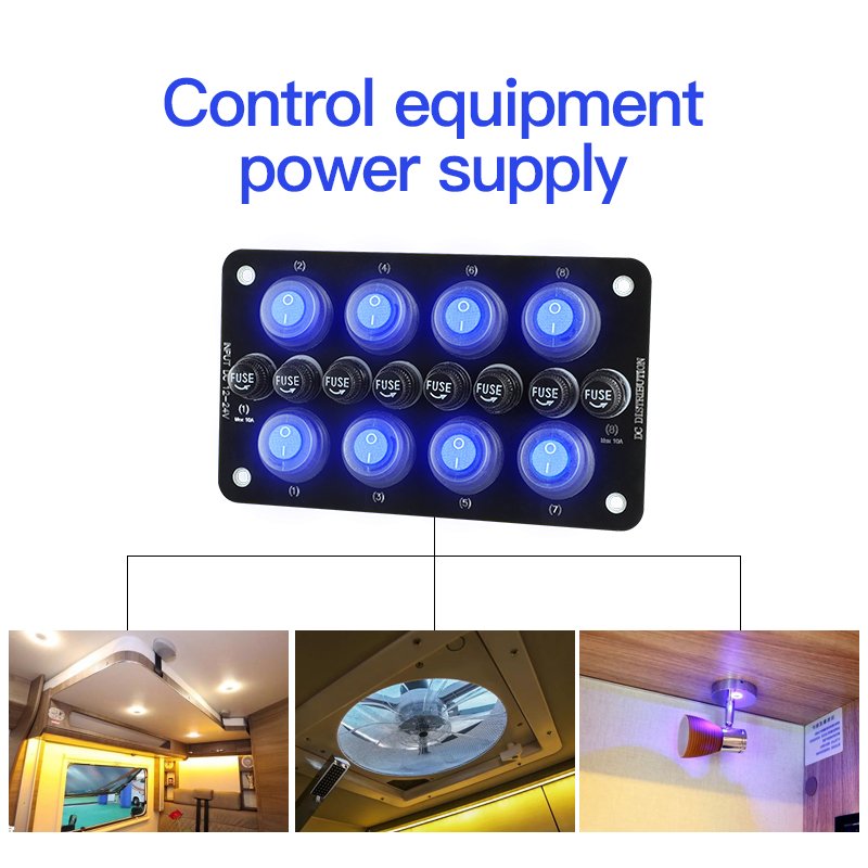 12V 24V 8 Gang Rocker With Fuse Control Automotive Car RV Camper Boat Marine Switch Panel