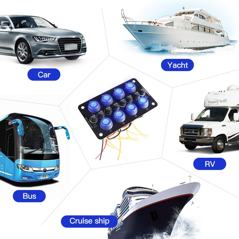 12V 24V 8 Gang Rocker With Fuse Control Automotive Car RV Camper Boat Marine Switch Panel