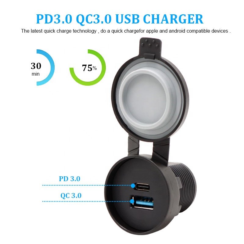 Qc3 Usb Type C Moto 12V Socket Qc 3.0 12V/24V Usb 36W Universal Round Motorcycle Usb Charger for Cell Phone