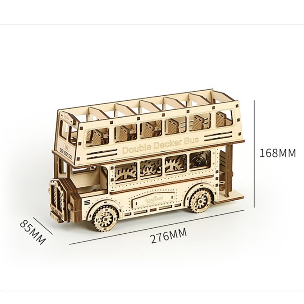 3D Wood Puzzle Double Decker Bus Assembly Popular Gift Gear Driven Mechanical Brain Teaser DIY Craft Kit Fun Hobbies Wooden Toy